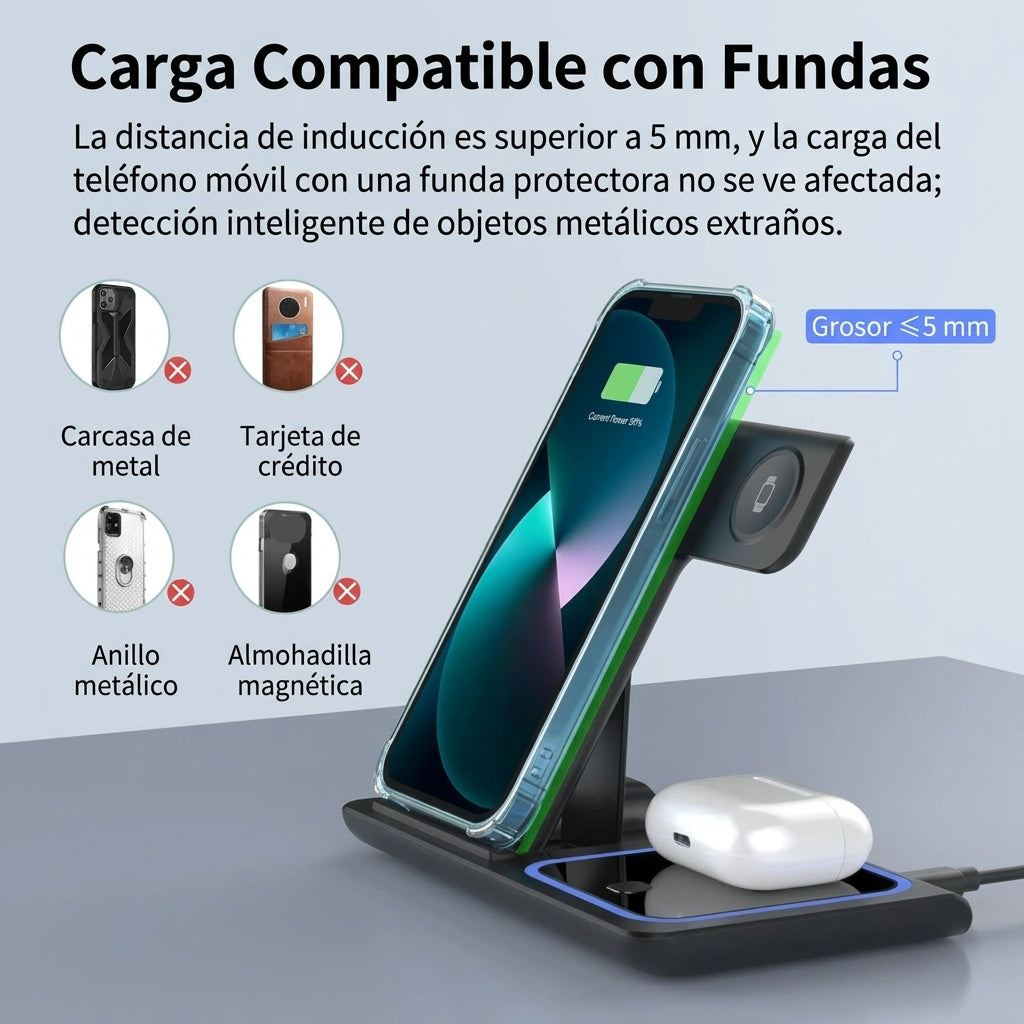 Estación de Carga Inalámbrica 3 en 1 Plegable y Portátil