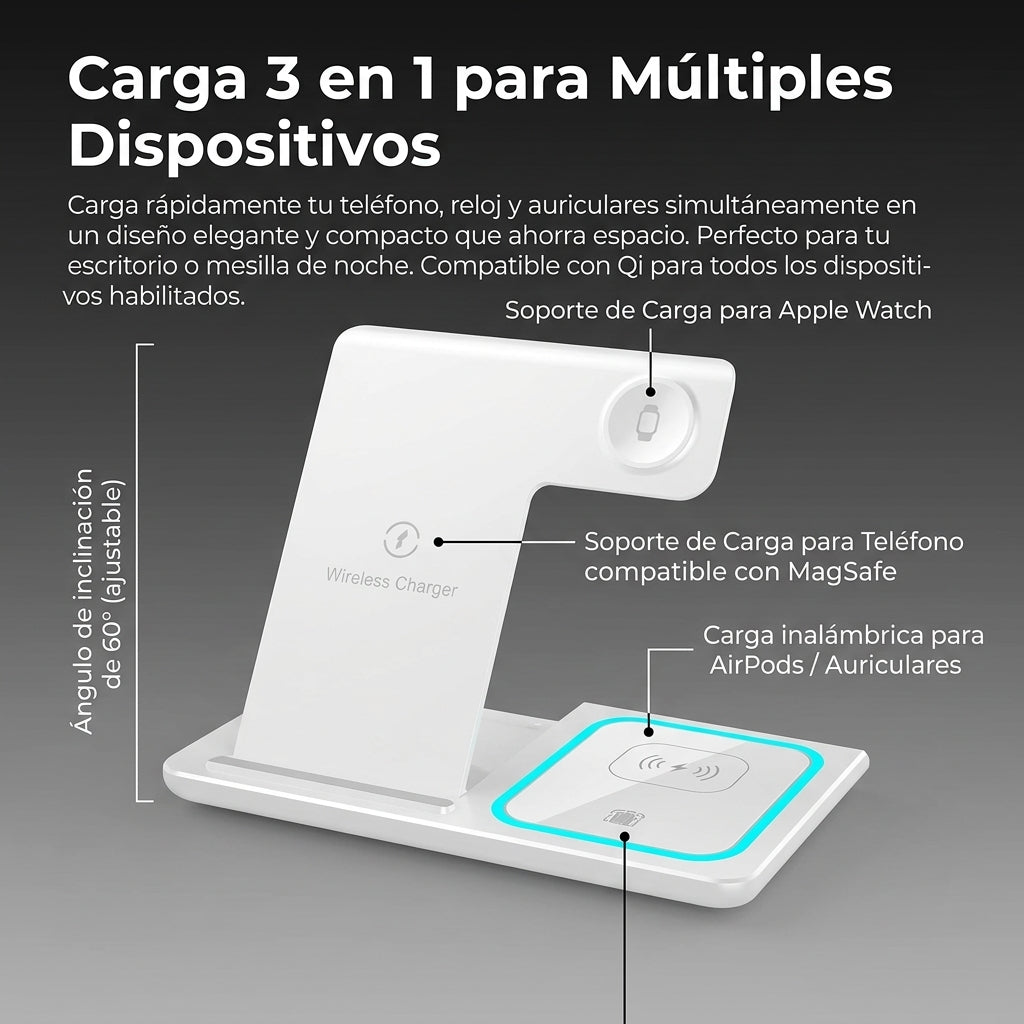 Estación de Carga Inalámbrica 3 en 1 Plegable y Portátil